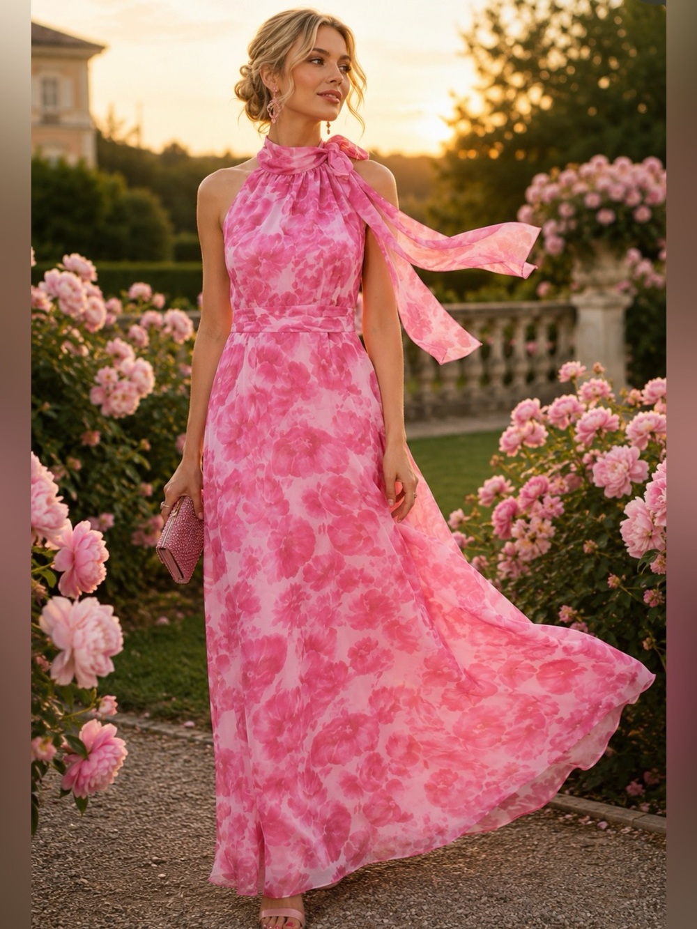 Sachin & Babi Kayla Pink Floral Halter Maxi Gown Wedding Guest Occasion Dress 8